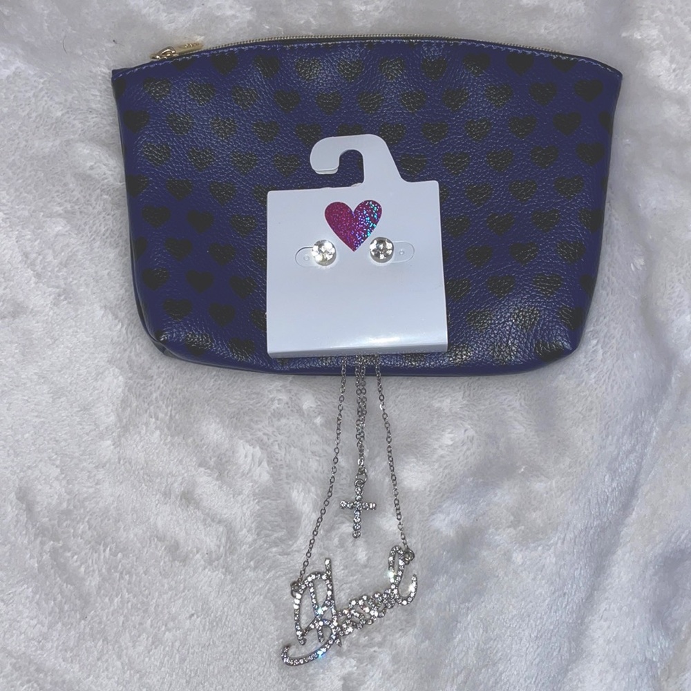Blessed necklace and stud earrings with a free makeup bag